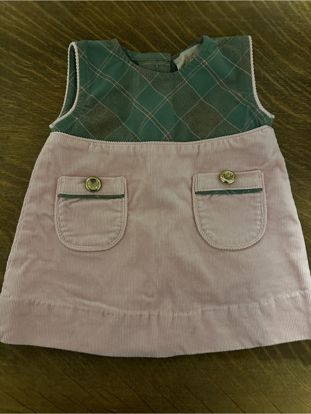 6-12M The Beaufort Bonnet Company Pink Corduroy Dress with Green Argyle Bodice